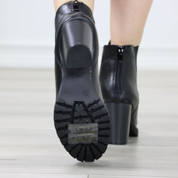 Womens Ankle Boots Lug Block Heel Black Synthetic Leather Round Toe Elastic Gore - Picture 13 of 13